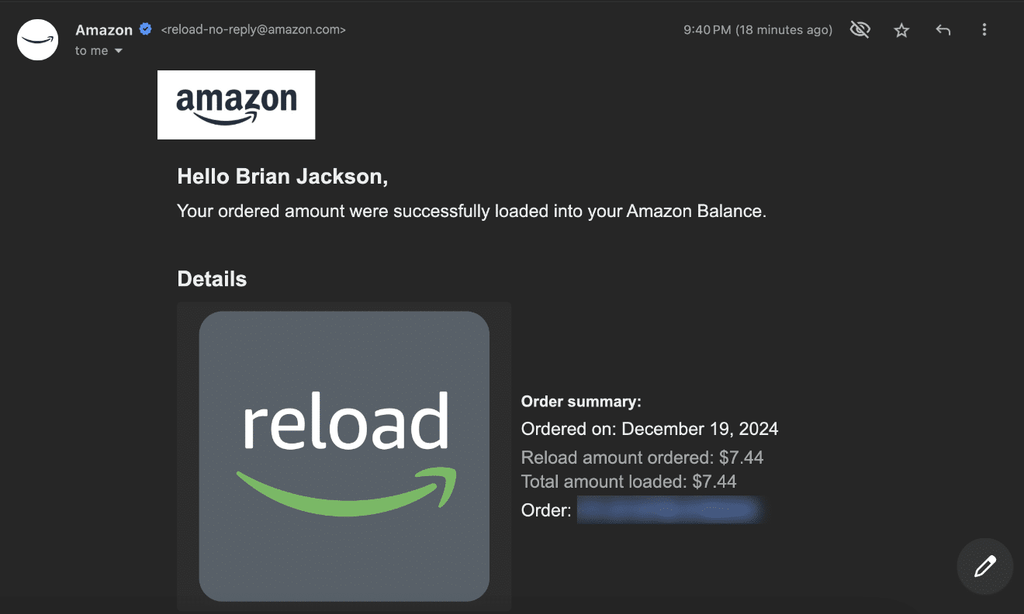 Amazon balance reload confirmation in email