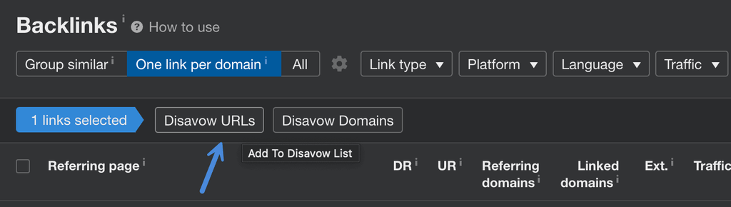 Ahrefs disavow URLs